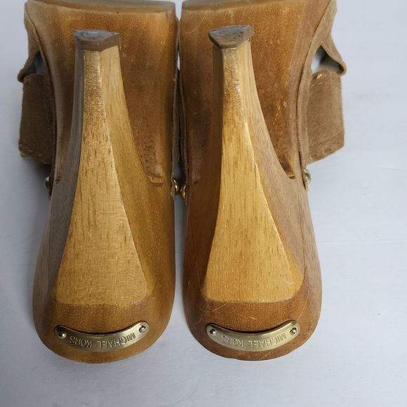 Michael Kors Brown Suede Leather & Wood Slide Heel Platform Mules Size 11 M - Picture 7 of 9